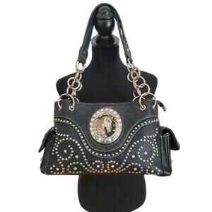 Western Horse Black Vegan Leather Large Purse Bag Rhinestone Silver Tone Studs